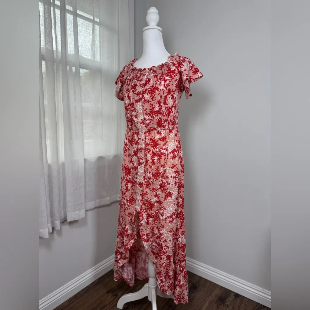 Pink, Red & White Floral Print Button Front Short Sleeve Stretchy High Low Dress Pink Size M - Image 2