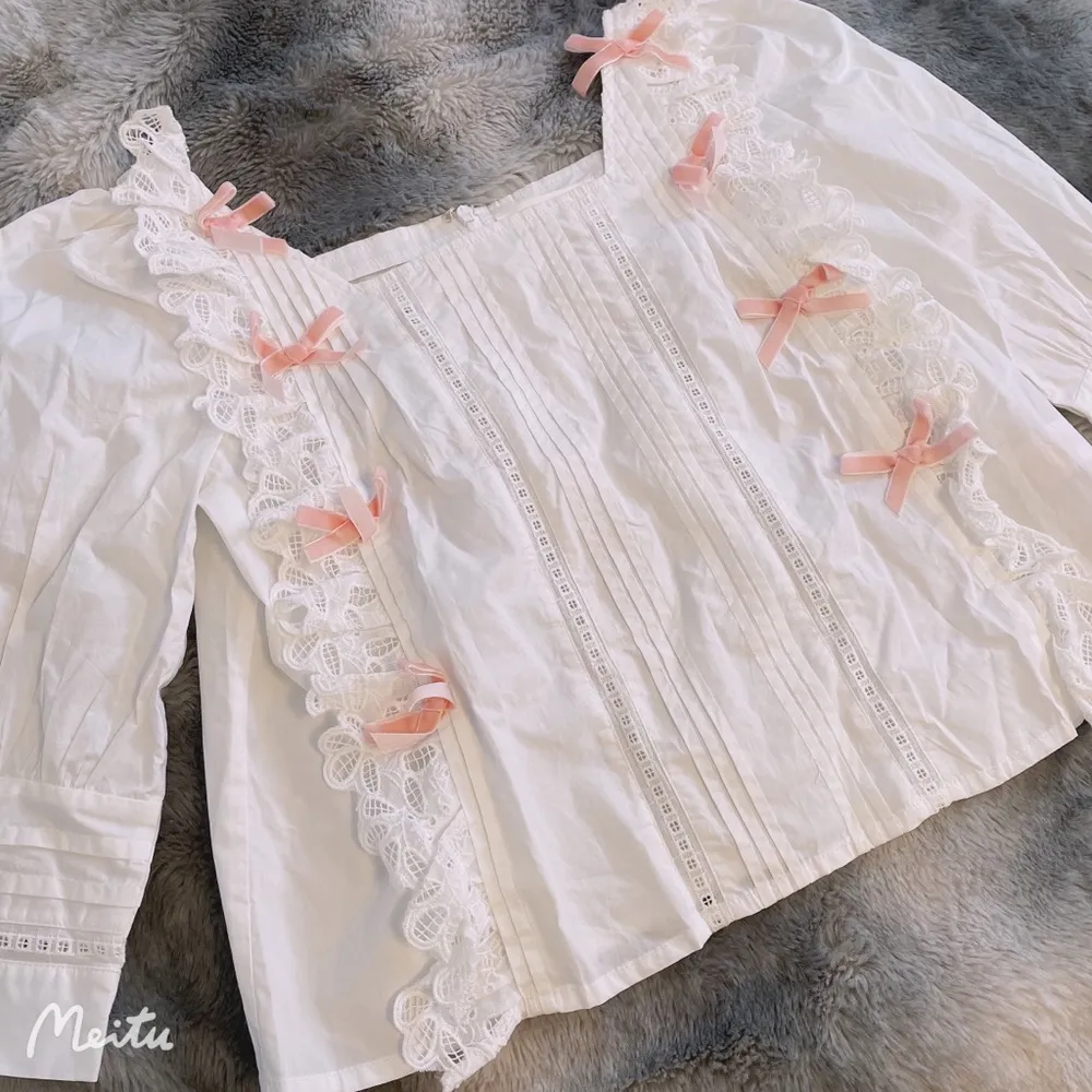 Japanese Cottagecore Shabby Chic White Lace Ruffle Pink Ribbon Bow Shirt Blouse - Image 4