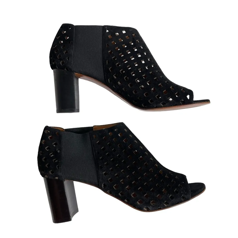 Aquatalia Shari Perforated Open Toe Suede Boots Size 10 Black Block Heel - Image 6