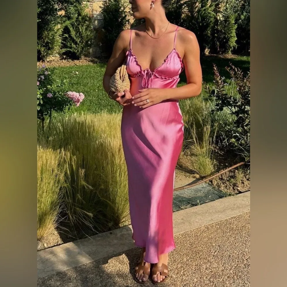 Zara Pink satin slip pink milkmaid, coquette, Barbie maxi dress open back size m - Image 14