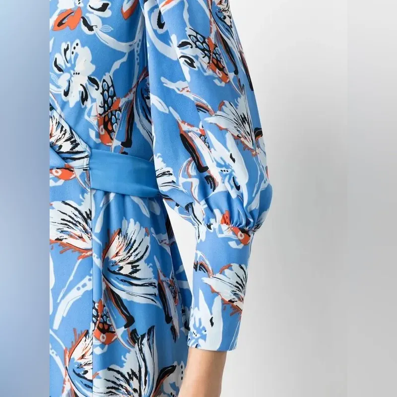 DVF Diane Von Furstenburg Long Sleeve Blue Floral Wrap Dress - Image 2