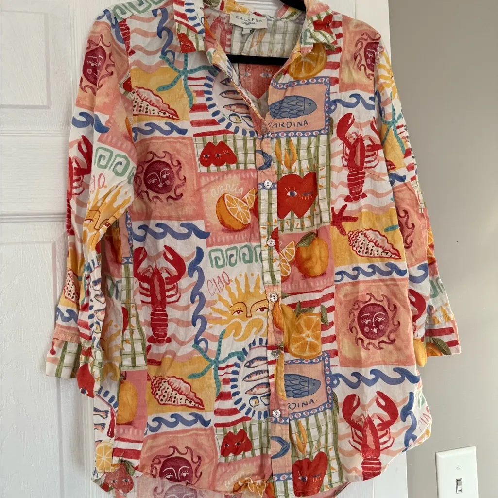 Calypso St Barth Anthropologie Linen Blend Beach Vacation Lobster Shirt Maine - Image 5