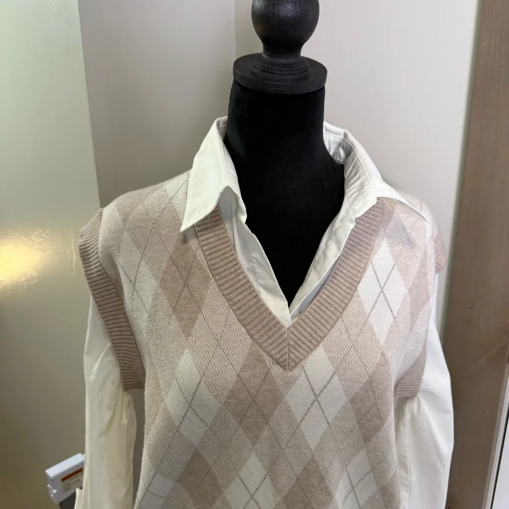 Max Studio Women's Layered Argyle Print Sweater Vest Brown Cream Tan Business M - Image 2