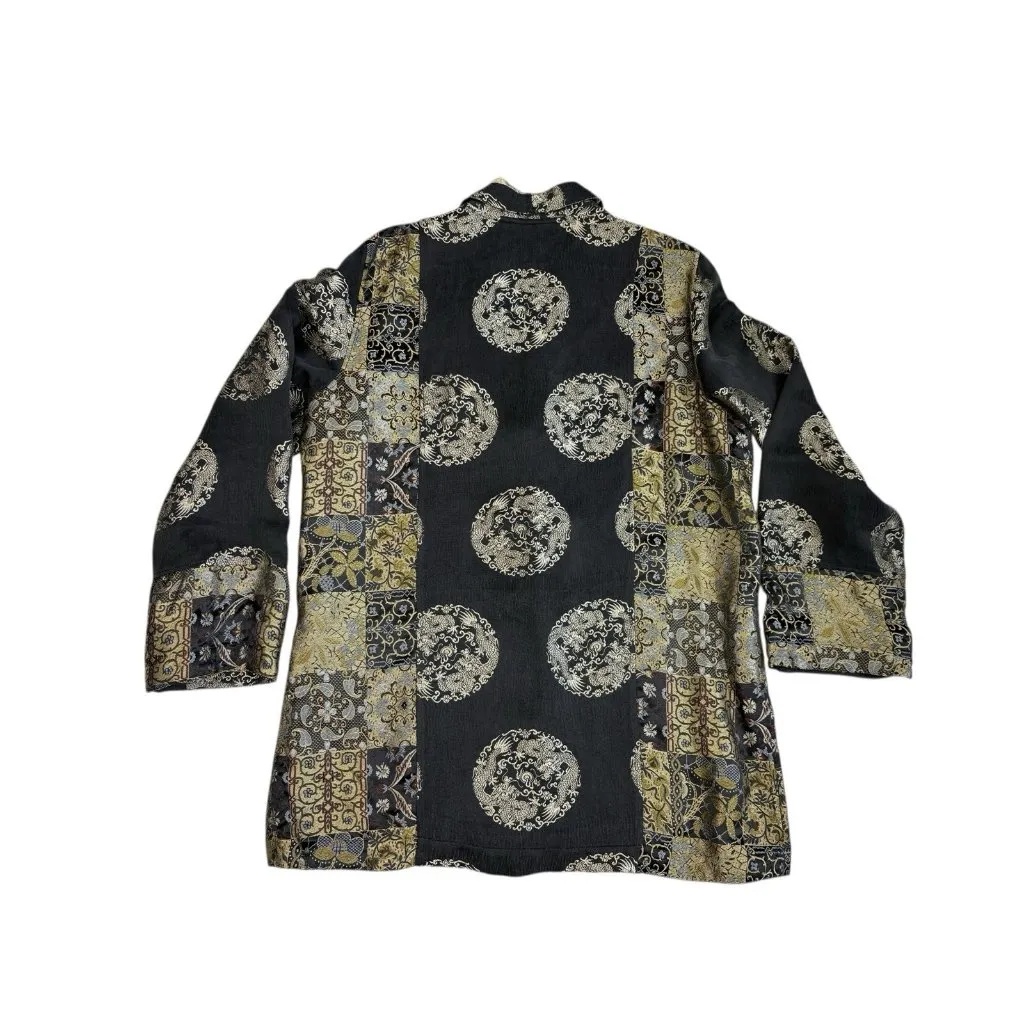 *Citron Santa Monica Blazer XL Black Silk Blend Mixed Print Button Quiet Luxury - Image 4