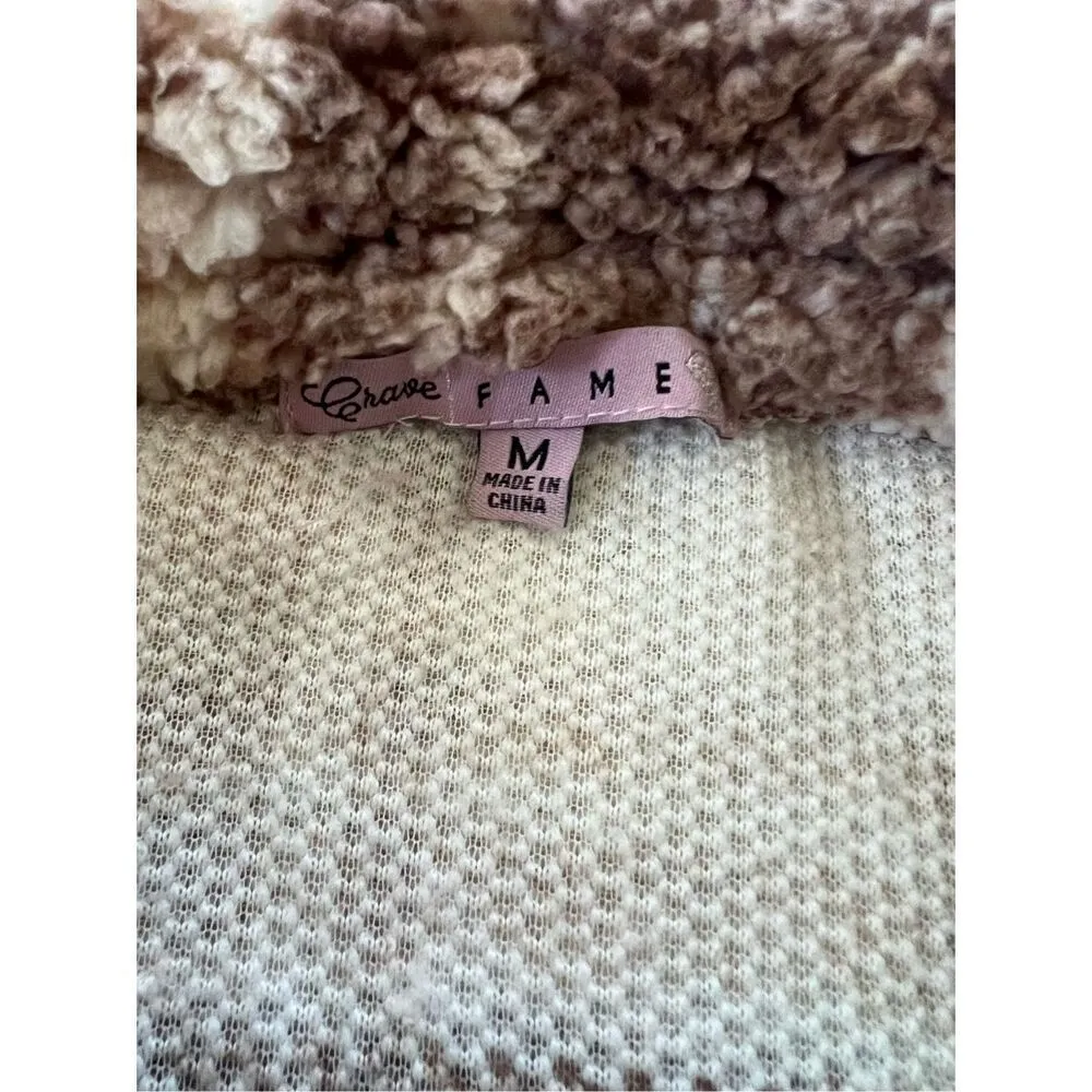 Crave Fame Chocolate Brown Cream Plaid Button Front Faux Sherpa Shacket Junior M Size M - Image 5