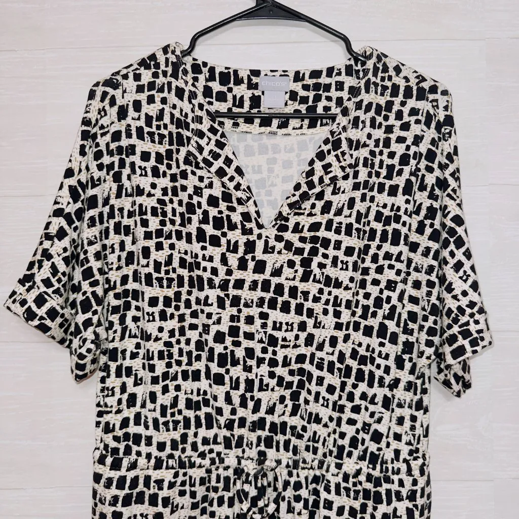 Chico's Women's Black Tan Short Sleeve V Neck Cinched Waist Knee Length Dress - Image 5