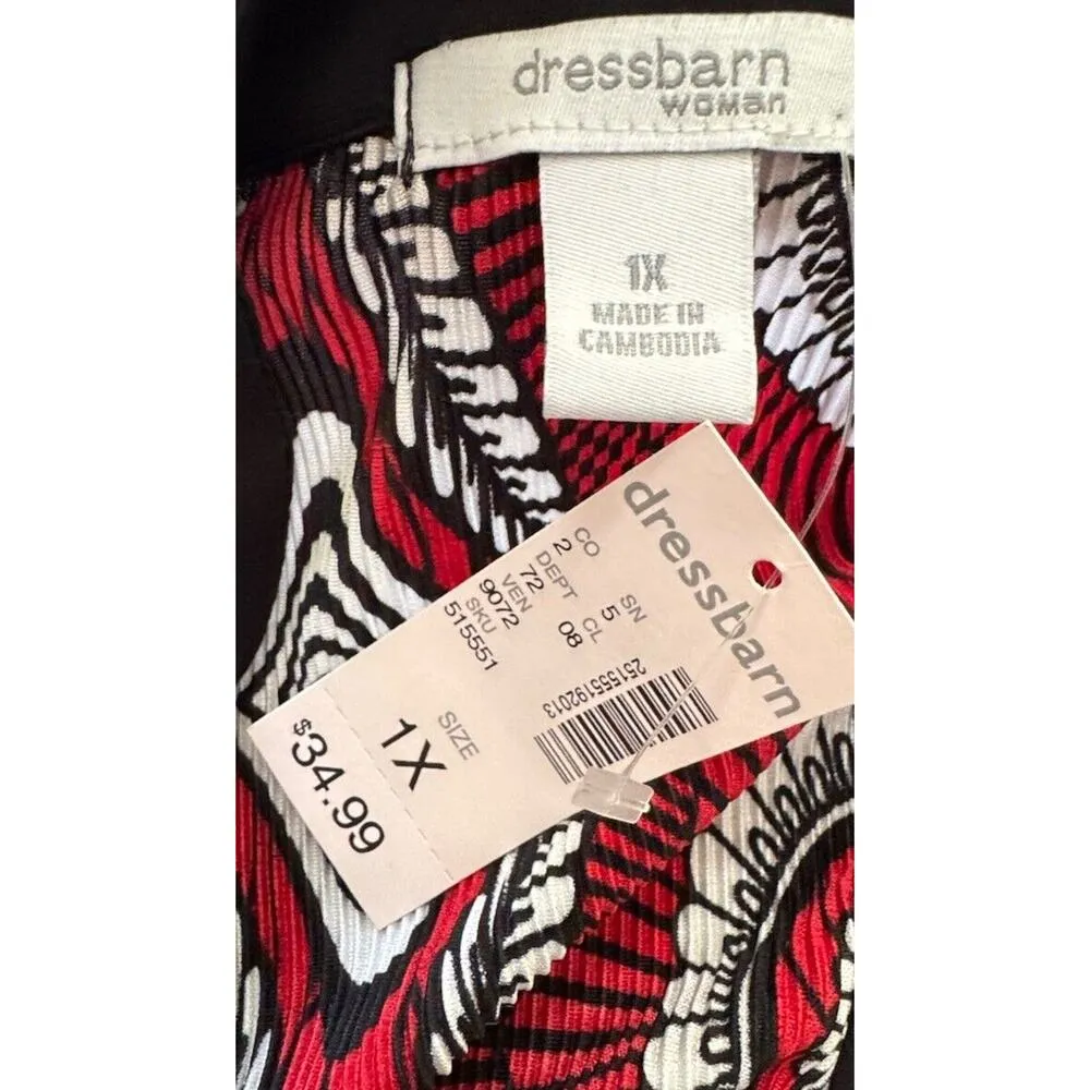 Dressbarn Top Blouse Tunic 1X Tie Back XL Red White Black Geometric Paisley NWT - Image 3