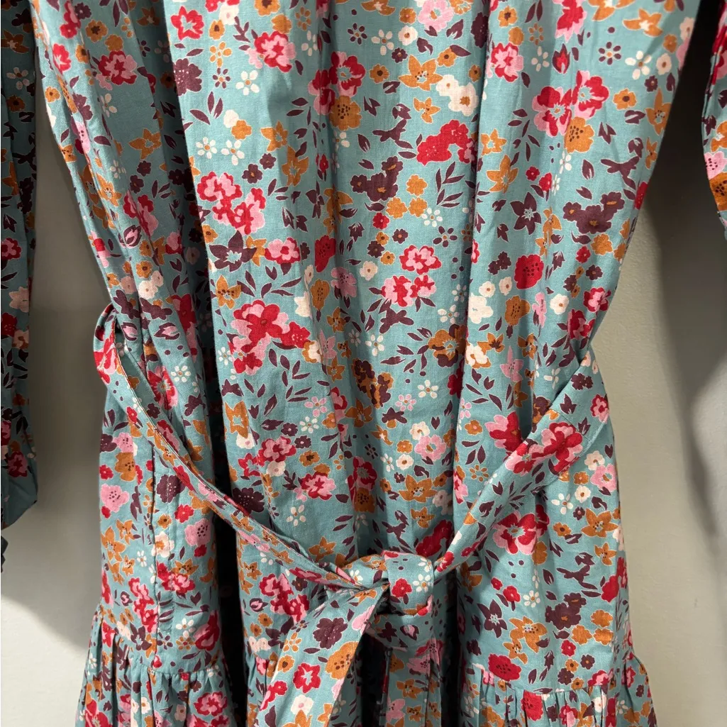 Olivia James The Label Floral Mini Dress ls smocked XS Boho Belted gardencore Blue - Image 5