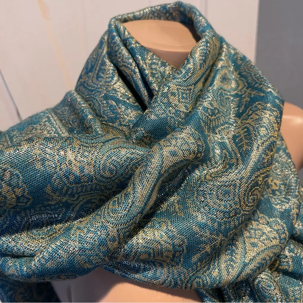 Pashmina Silk blend fringe Elegant Blue and Gold Paisley Scarf wrap shawl 70’ - Image 8