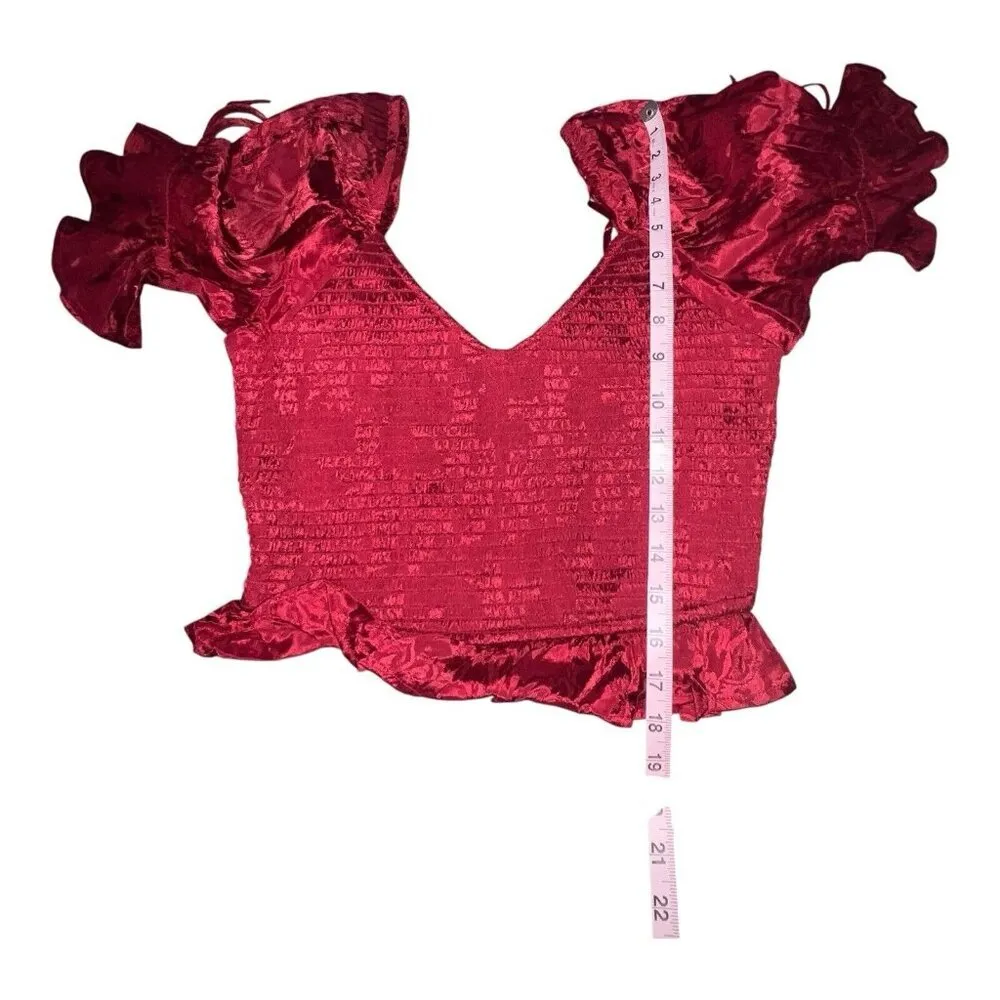 BOG Band Of The Free  LEA RHUBARB SMOCKED CROP TOP Medium Ruffle Red Puff Sleeve - Image 7