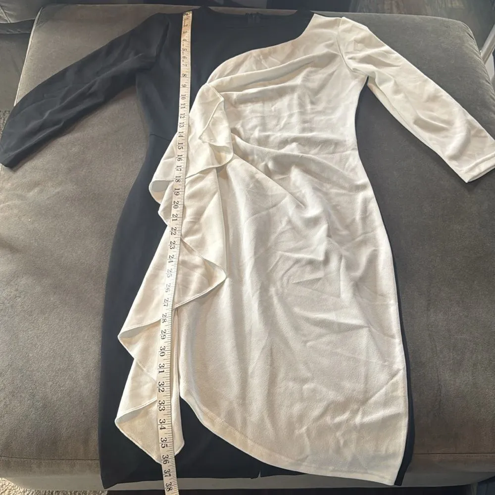 Womens Black & White Asymmetrical Ruffled Front Midi Dress 3/4 Sleeve Size M NEW Size M - Image 6