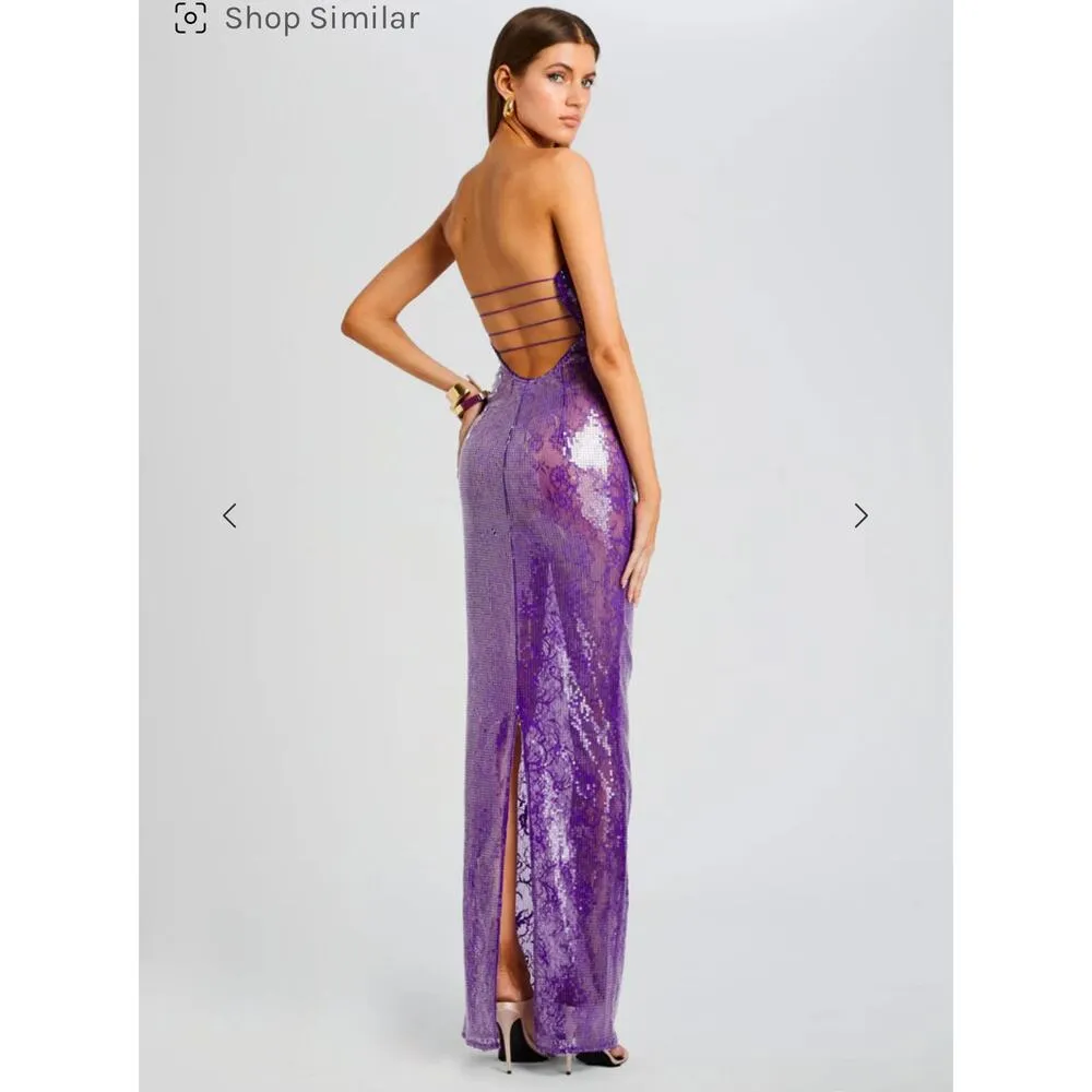 Retrofete Lucie Sequin Lace Semi Sheer Maci Dress Amethyst Purple Medium NEW - Image 3