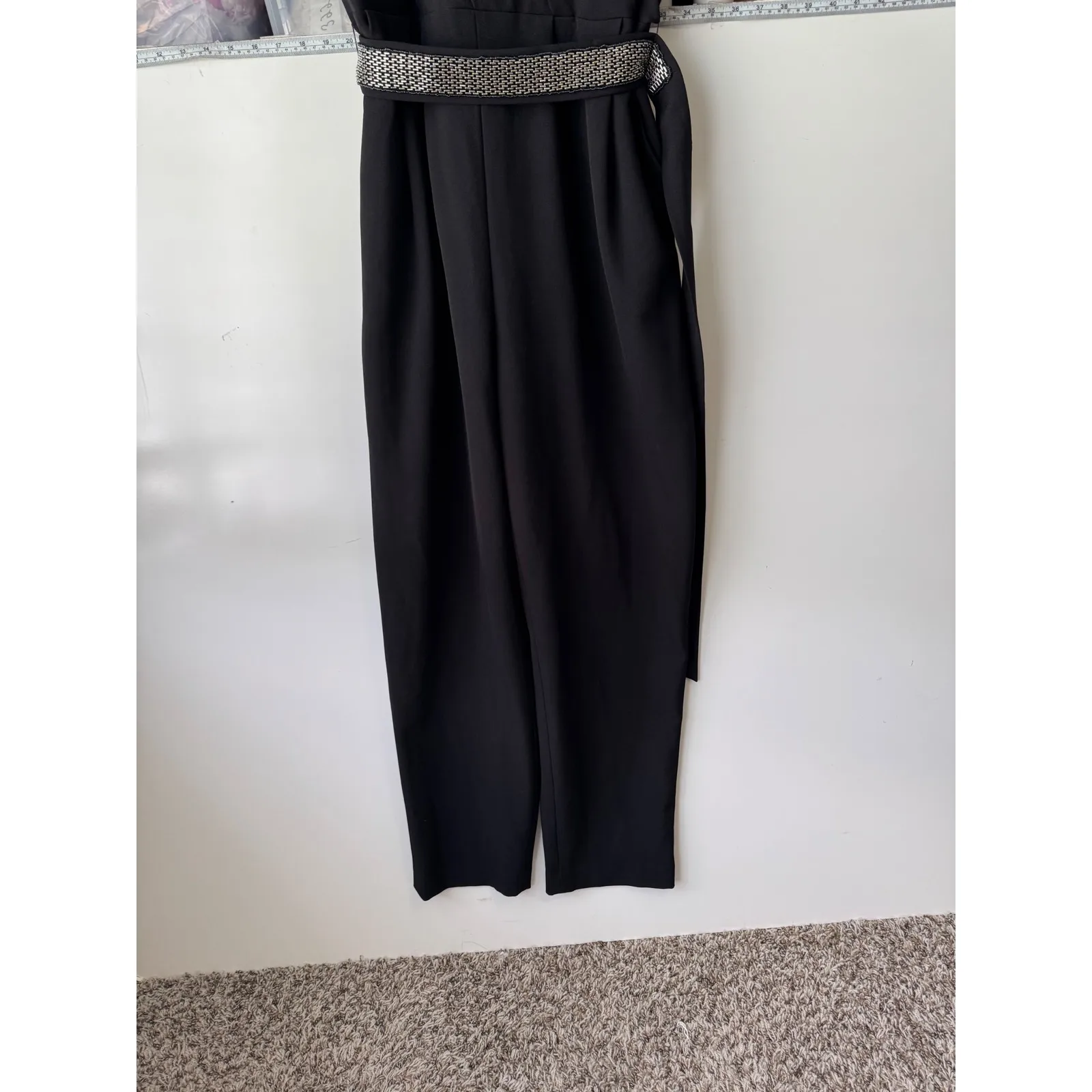 Eliza J Black Jumpsuit Party Cocktail‎ Rhinestone Belt V Neck Size 16 - Image 6