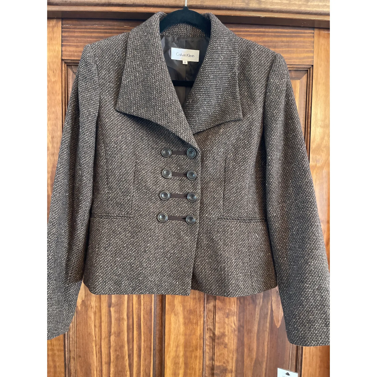 Calvin Klein brown tweed double breasted crop jacket size 8 - Image 4