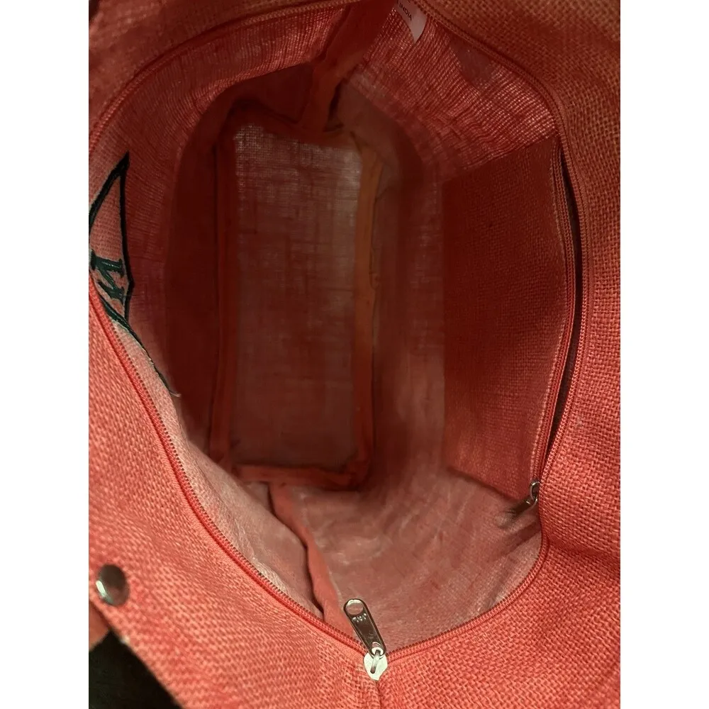 Monogram Tote Bag Womens Large Orange Jute Woven Purse Leather Handles Zipper N - Image 8