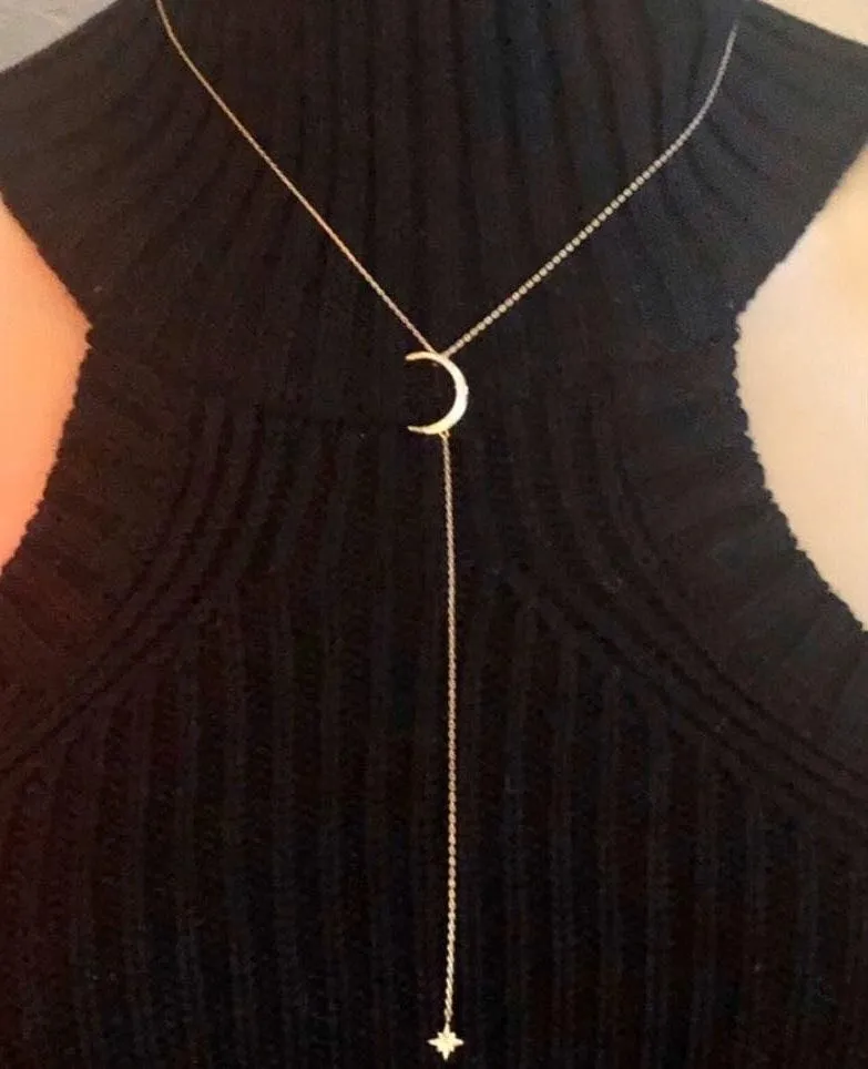 Boutique 18K Gold Dipped Moon Star CZ Lariat Necklace - Image 5