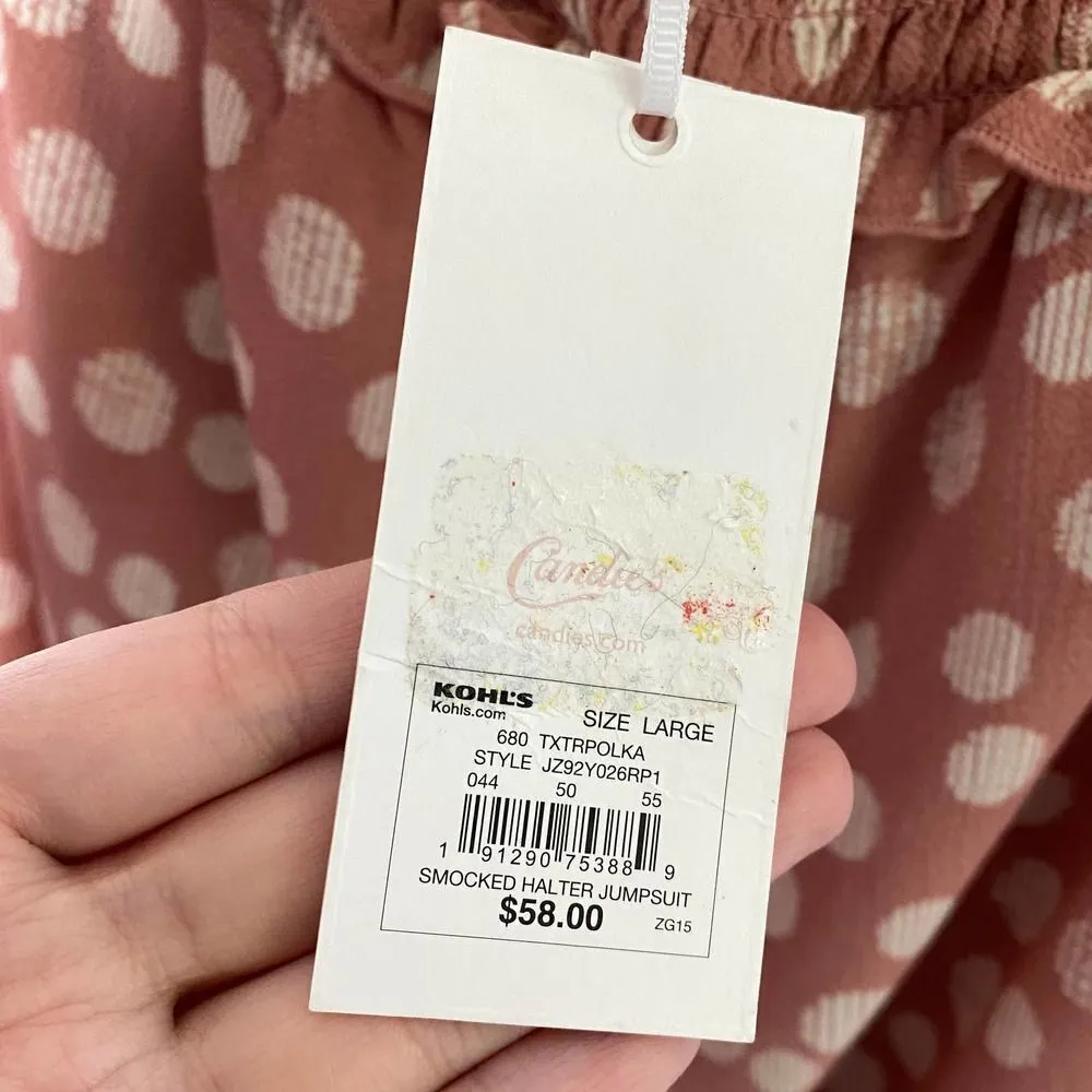 Candie's Smocked Sleeveless Polka Dot Halter Tie Jumpsuit Large Pink White New - Image 7