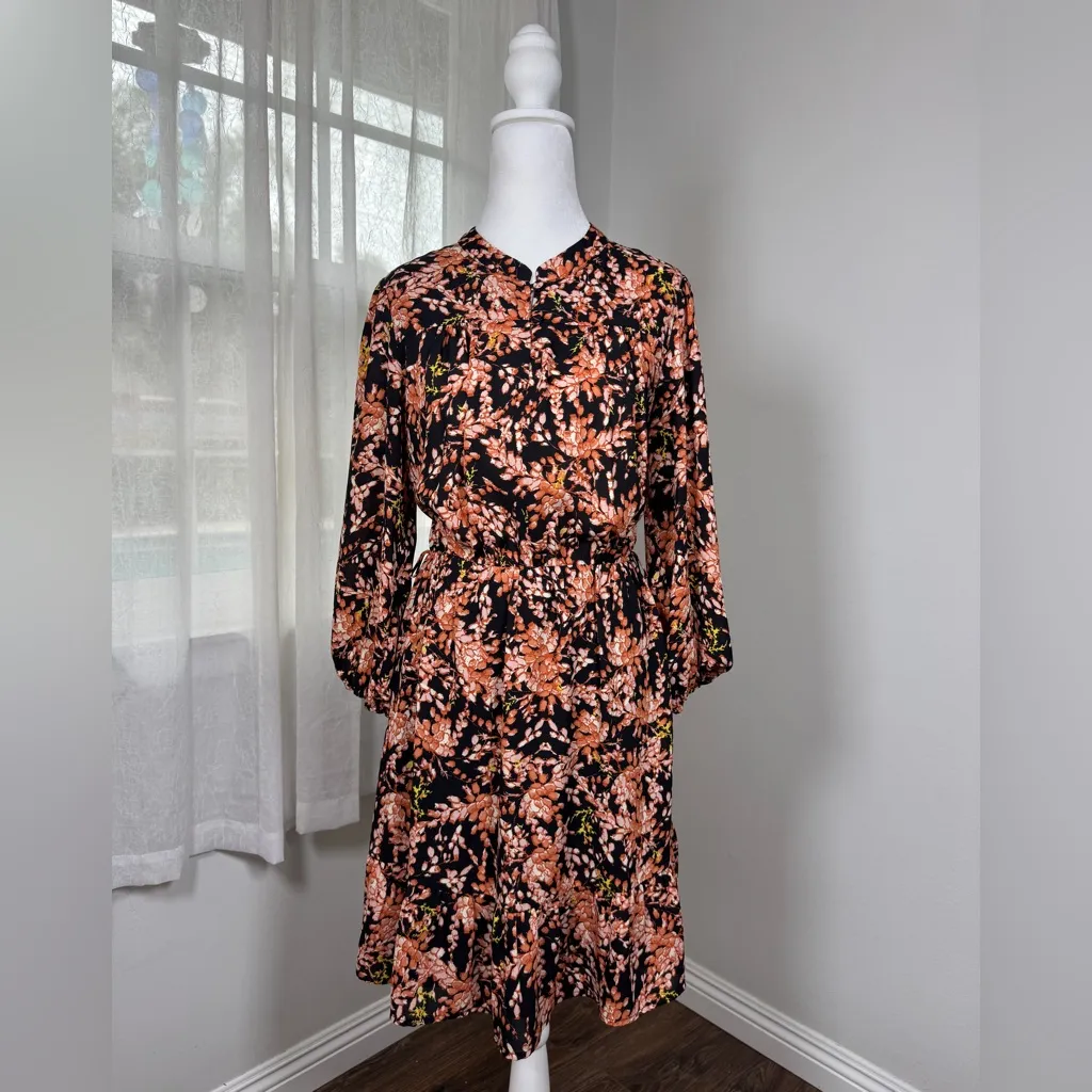 Collective Concepts Black & Orange Floral Print Long Sleeve Knee Length Dress - Image 2
