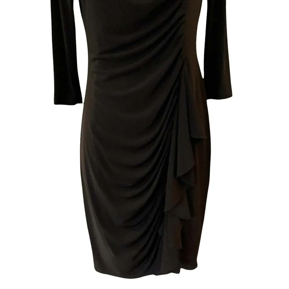 DAVID MEISTER Black Sheath Cocktail Dress Ruched Ruffles 3/4 Sleeves Midi 4 EUC - Image 5