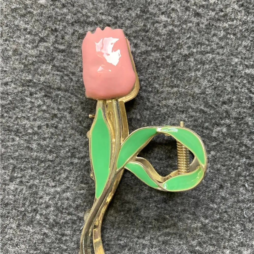 Tulip Hair Clip Pink Flower Claw with Green Leaves Boho Nature - Image 2