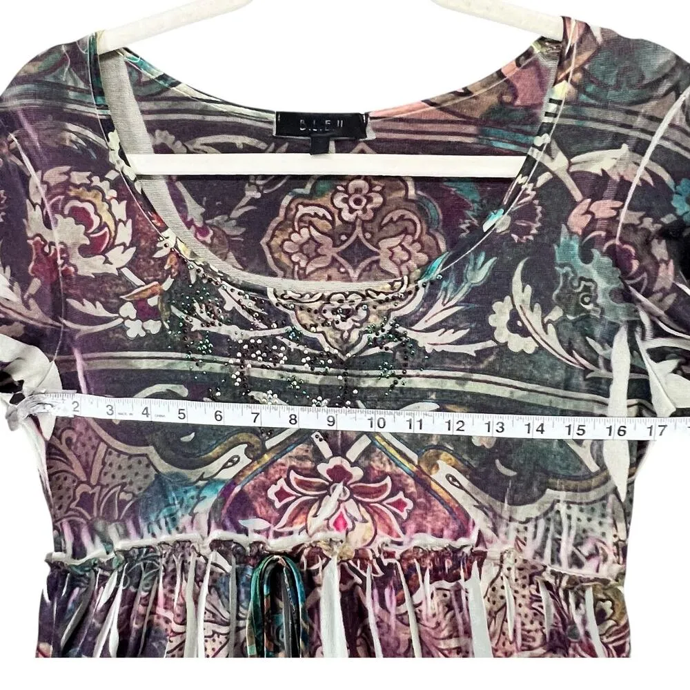 BLEU Y2K Blouse S Multicolor Floral Paisley Embellished Fairy Grunge Boho Top Brown - Image 7