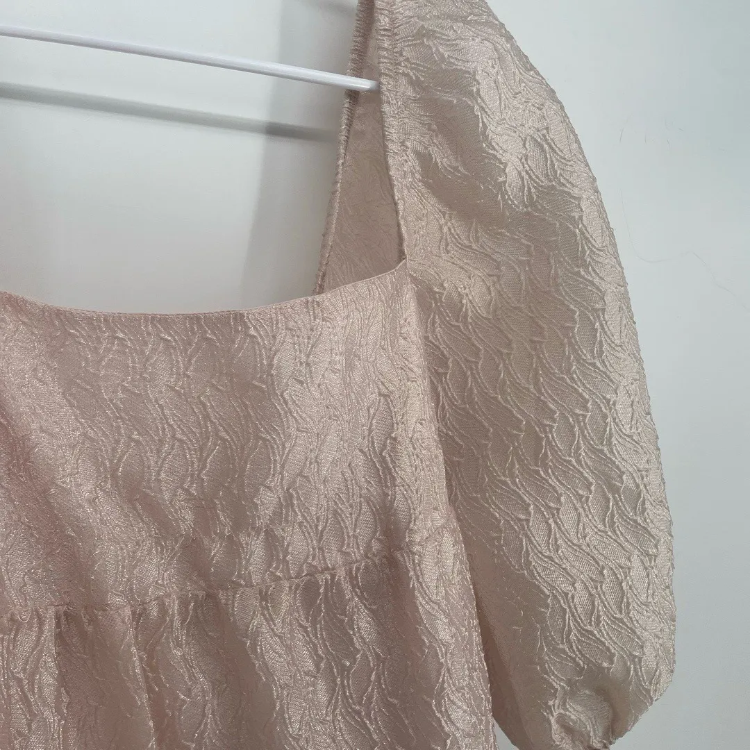 ANTHROPOLOGIE Soft Pale Pink Textured Puff Sleeve Baby Doll Midi Dress size XS - Image 5