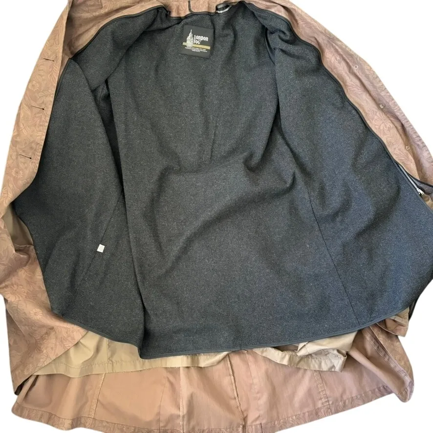 Vintage London Fog Waterproof Floral Trench Coat Sz‎ 12P Beige Wool Lined - Image 11