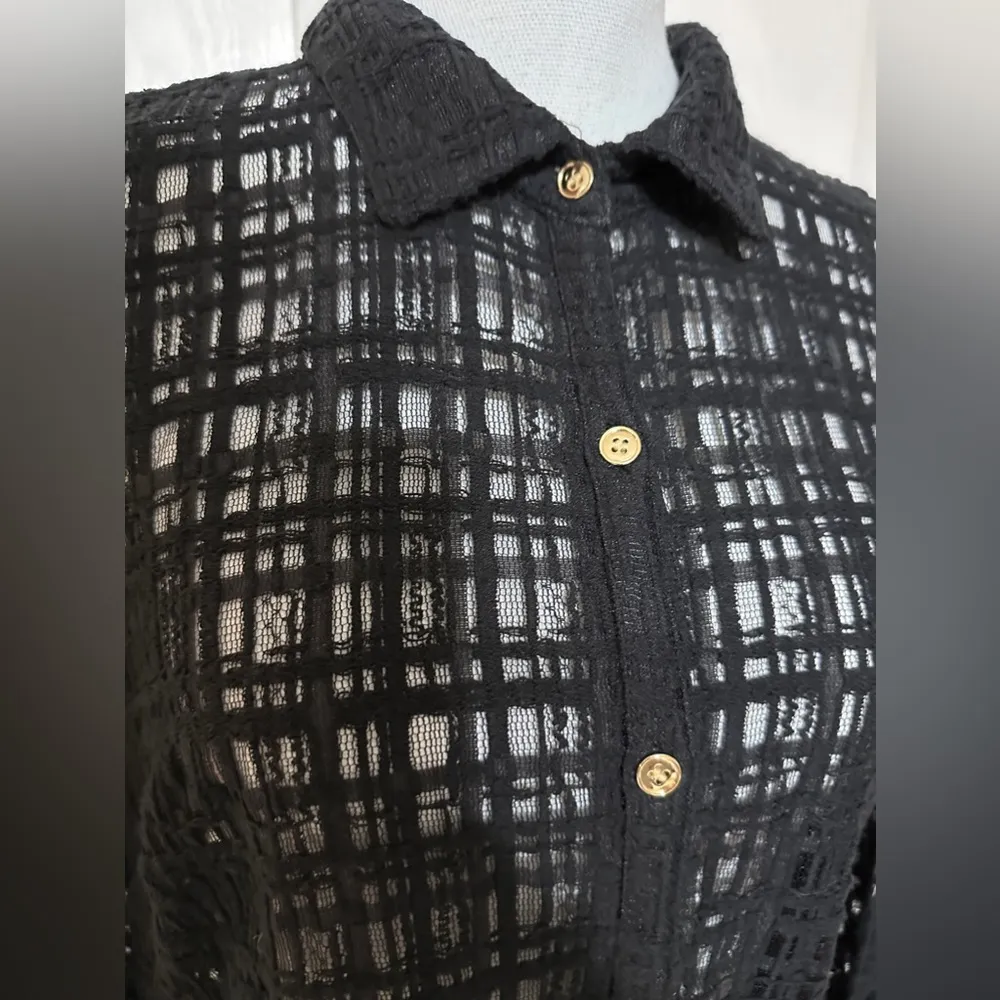JM Collection Women’s Windowpane Roll Tab Deep Black Sheer Blouse Shirt size M - Image 6