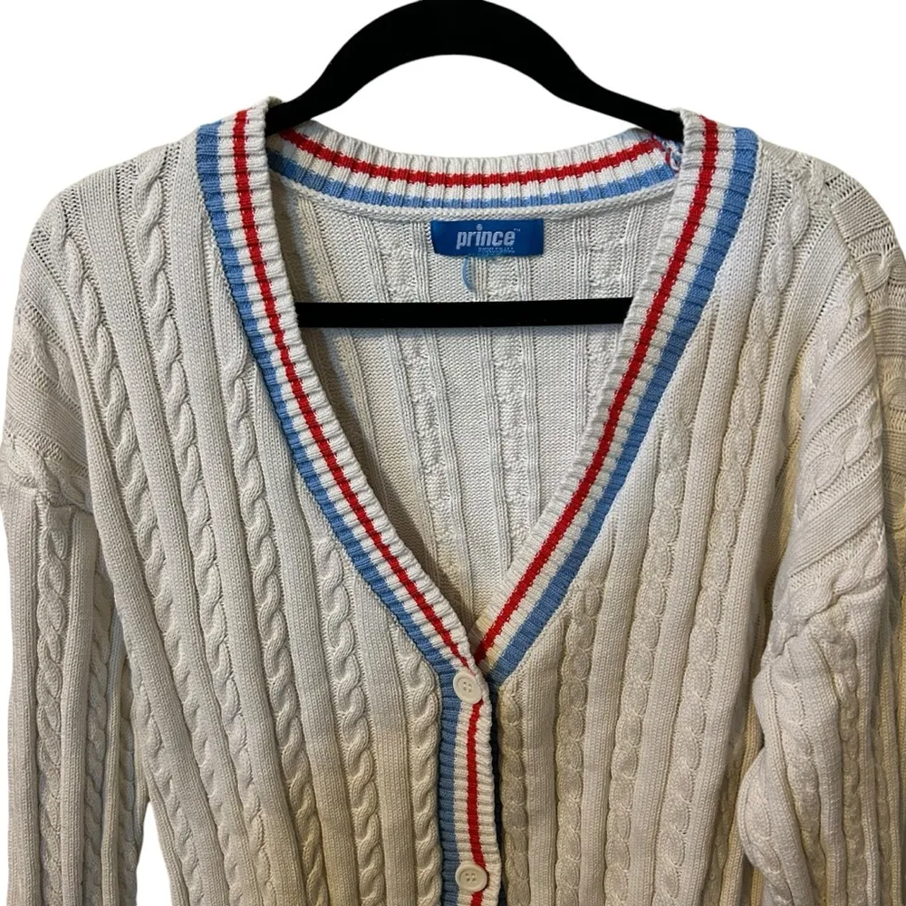 Prince Preppy Cream Varsity Style Pickleball Size XL Cable Knit Cardigan. - Image 3