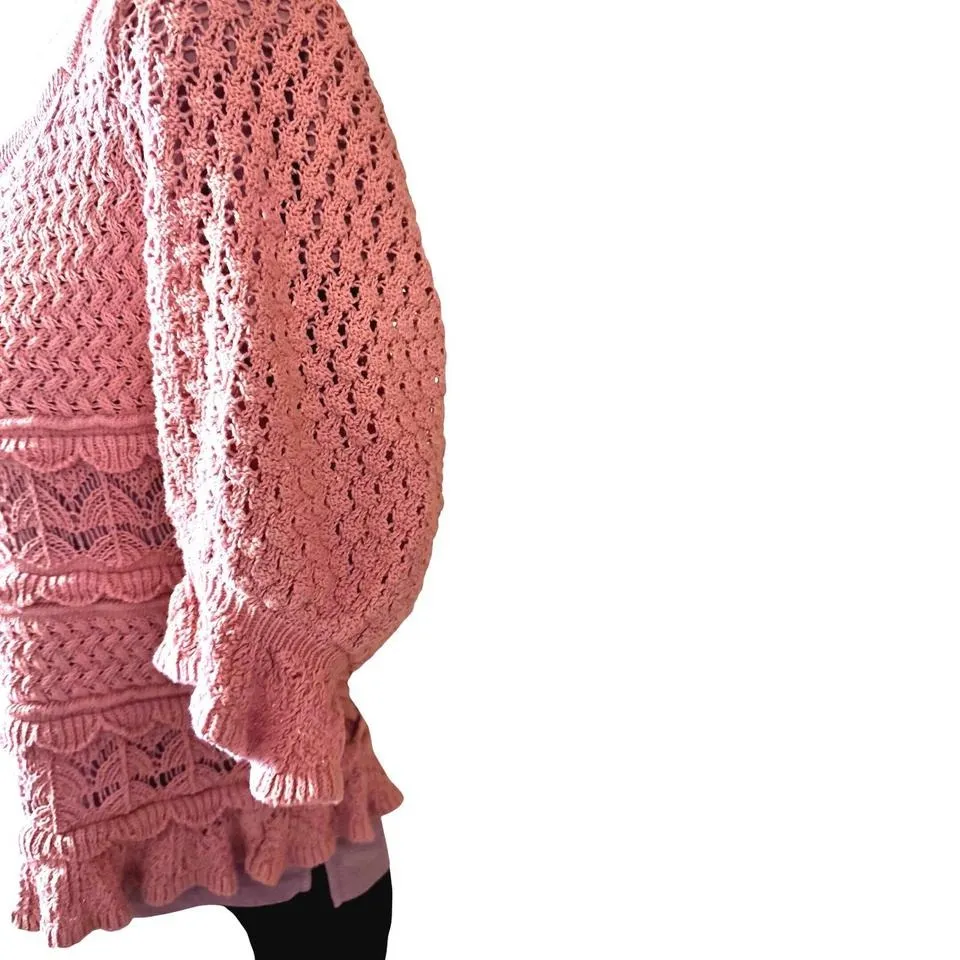 Q&A Los Angeles Women L Pink Crochet Ruffle Square Neck Puff Sleeve Sweater - Image 4