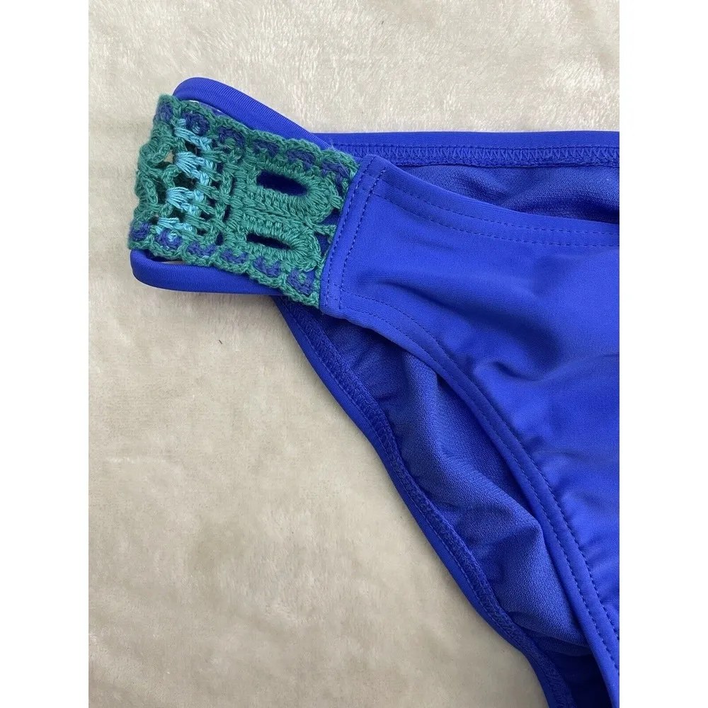 California Waves Women's Bikini Bottom Blue Size Medium Green Crochet Trim - Image 6