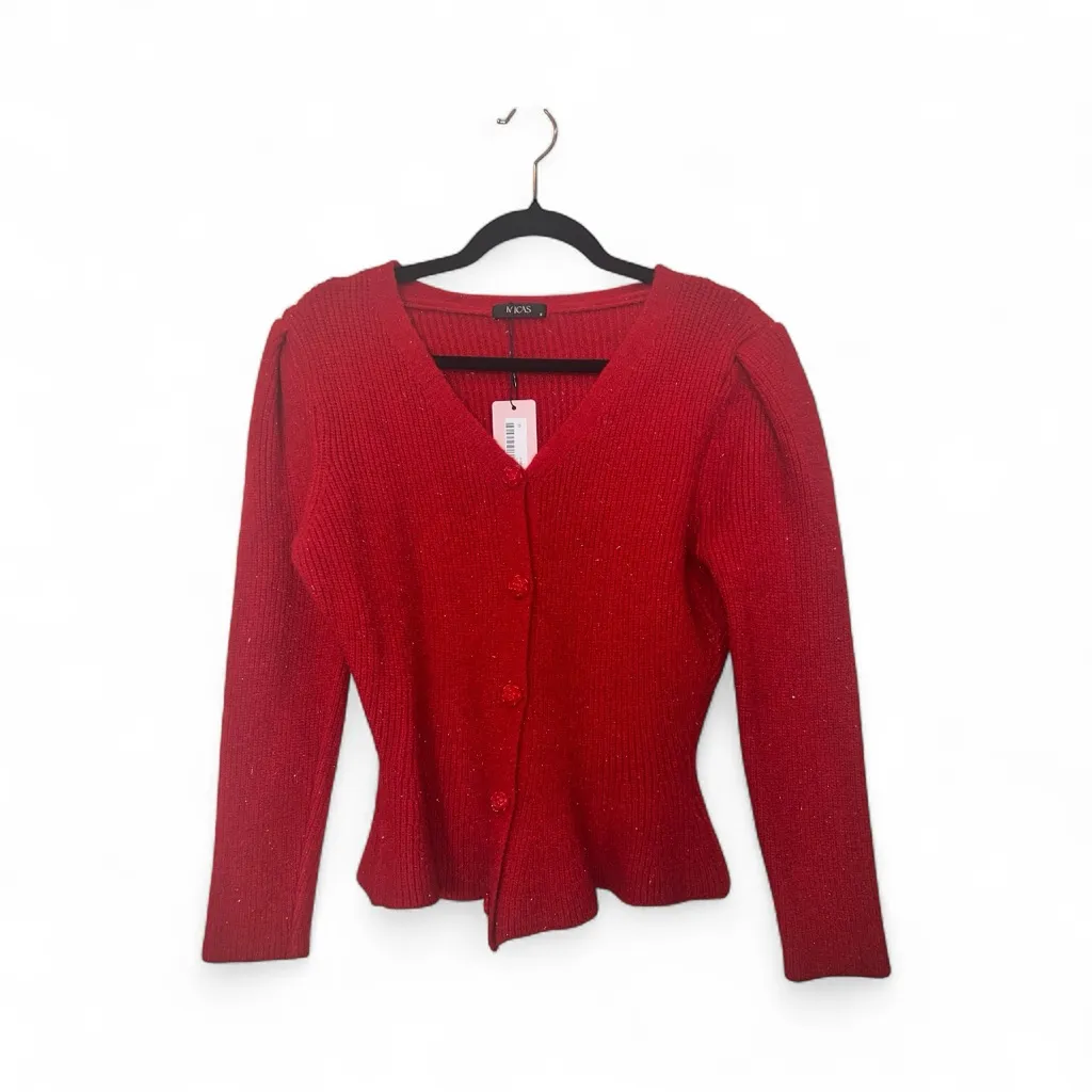 Micas Sweater Button Elegant Red V-Neck Long Sleeve NWT Peplum hem Size Small - Image 3