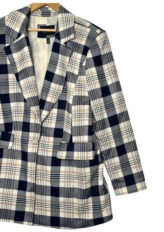 Eloquii Blazer Womens 14 Plaid Long Strong Shoulder One Button Career Blue - Image 5