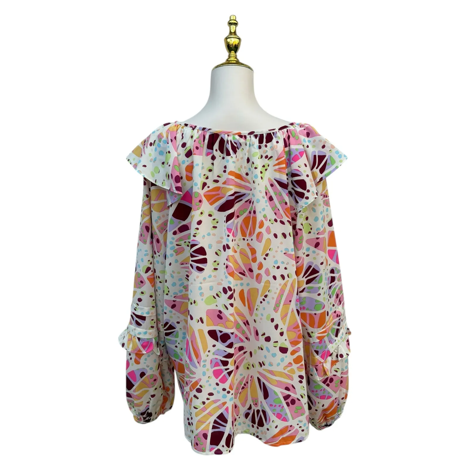 Oddy Shirt Sz 2X Colorful Ruffle Puff Sleeve Blouse Pink Whimsical Relaxed Boho - Image 5