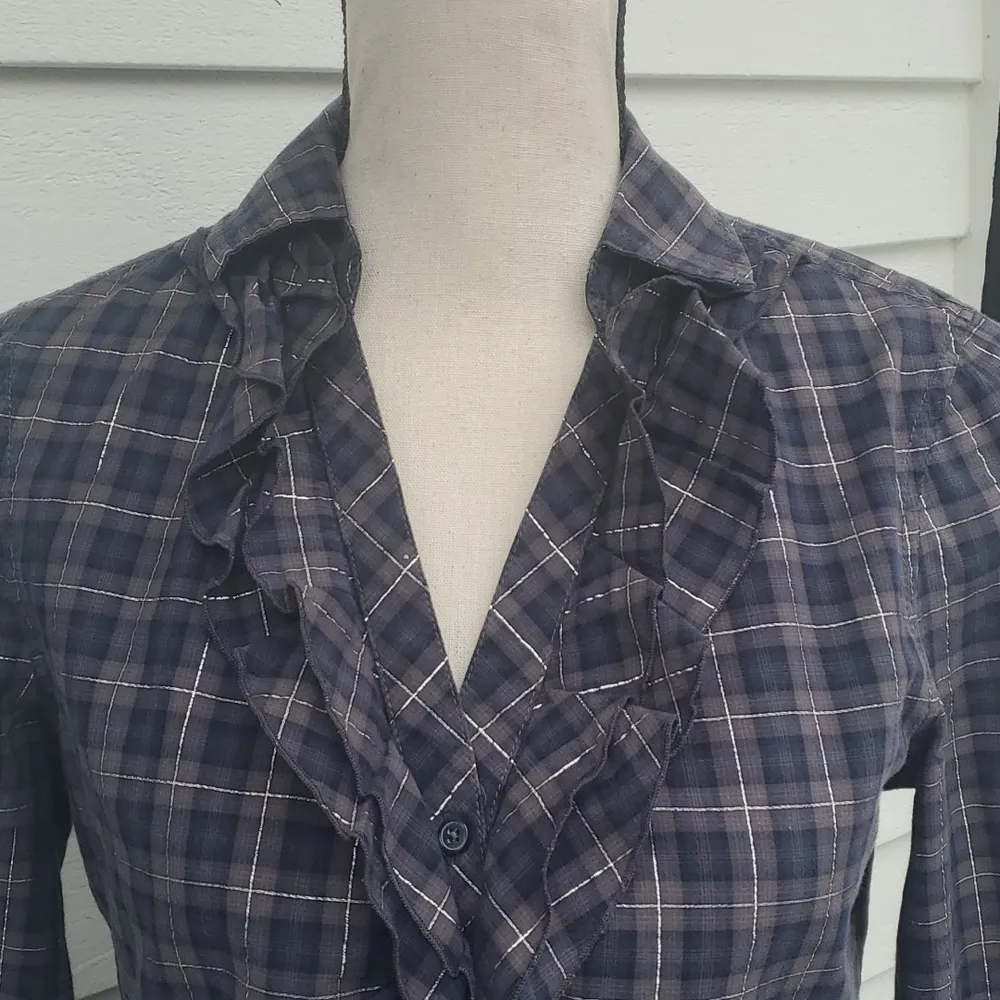 Express Plaid V-Neck Ruffle Button-Up Shirt - Size Small - Image 2