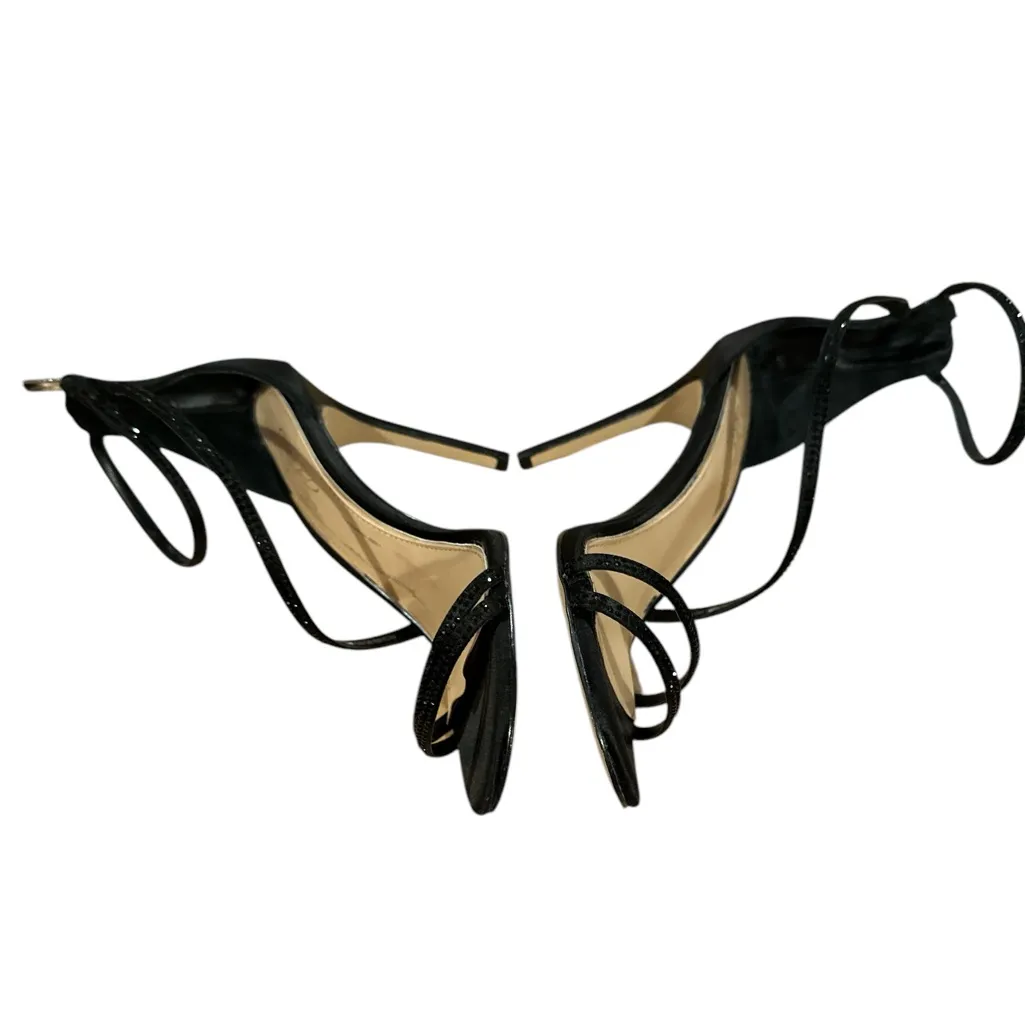 BADGLEY MISHKA JEWEL STILETTO BLACK SATIN ANKLE STRAPPY HEELS SHOES 7 - Image 3