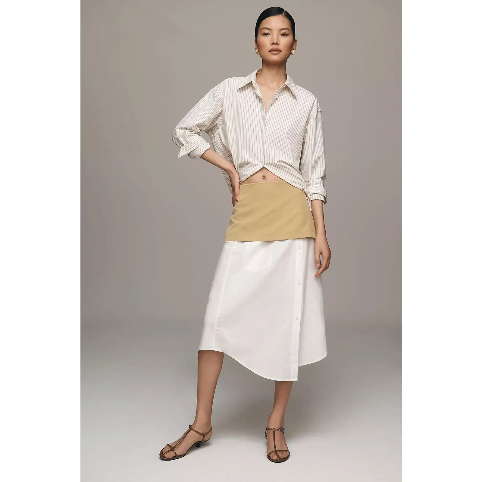 Anthro Maeve Layered Shirttail Midi Skirt Tan/White NWT Size M - Image 10