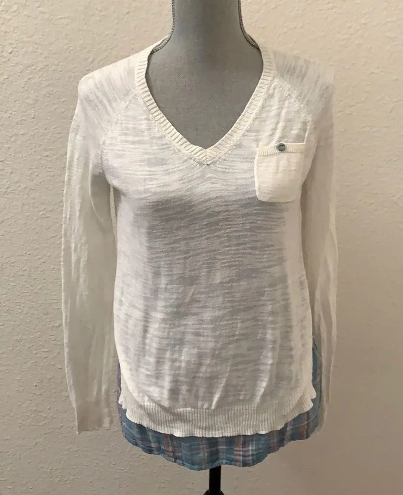 Anthropologie Moth white sweater top XS blue plaid v neck RARE HTF - Image 11