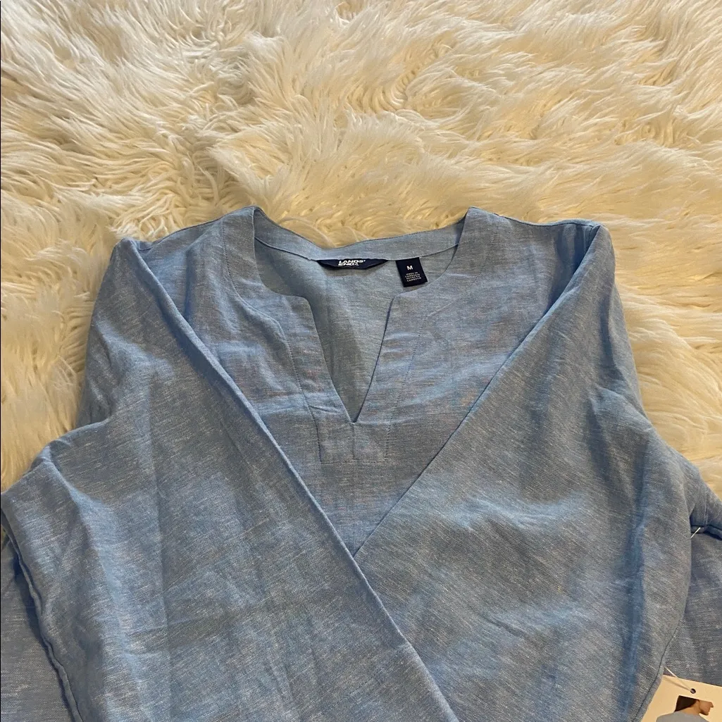 Lands' End Sky Blue Split Neck Linen Top  size M brand new two front  pockets - Image 12