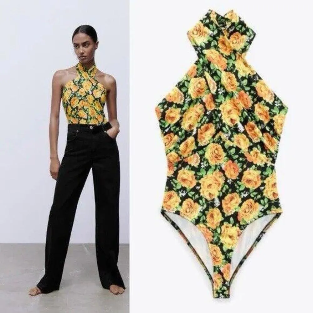 Zara High Halter Neck Twist Ruched Floral Stretch Bodysuit Yellow Sz SMALL NWT! - Image 9