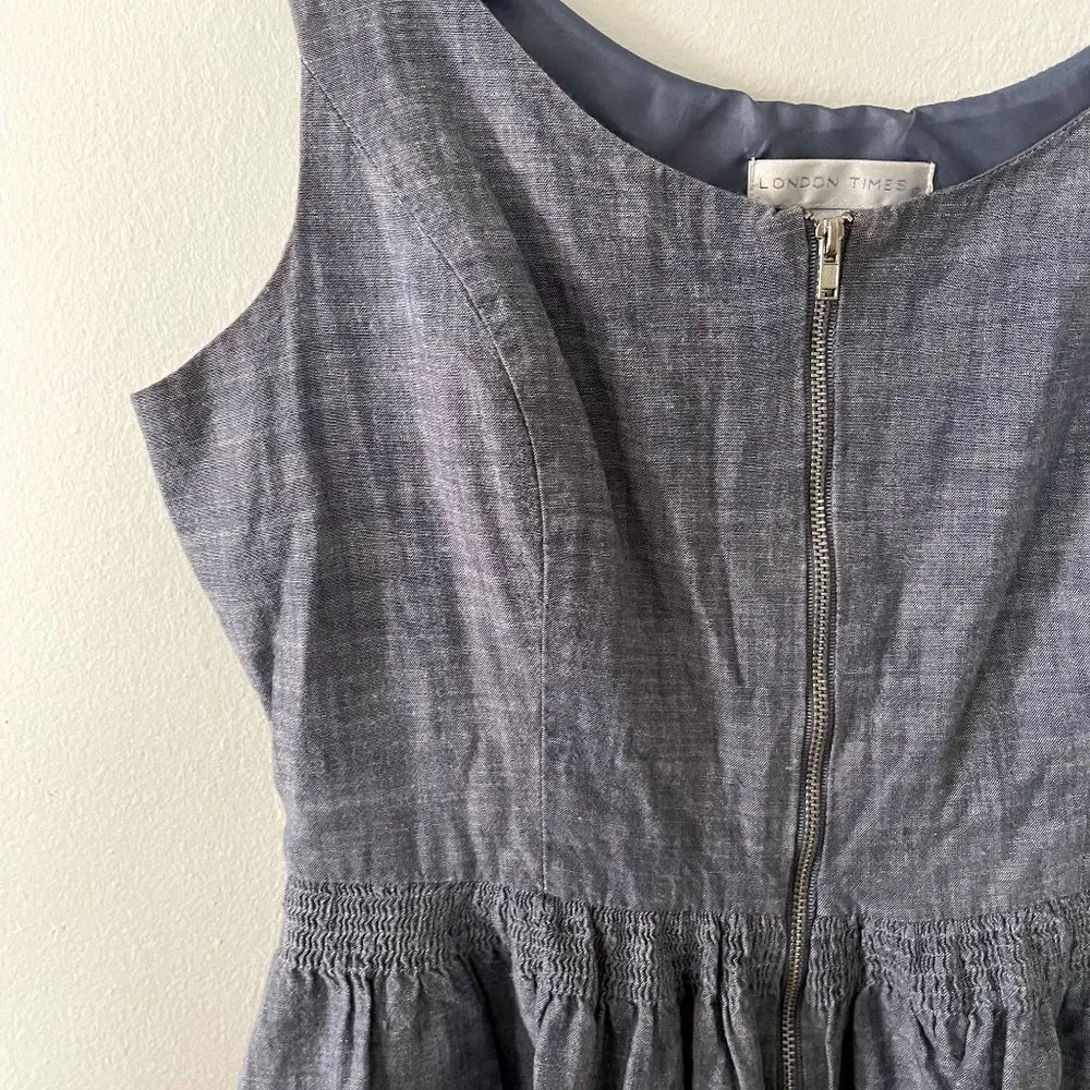 London Times blue sleeveless summer dress zip down pockets denim cotton sundress - Image 2