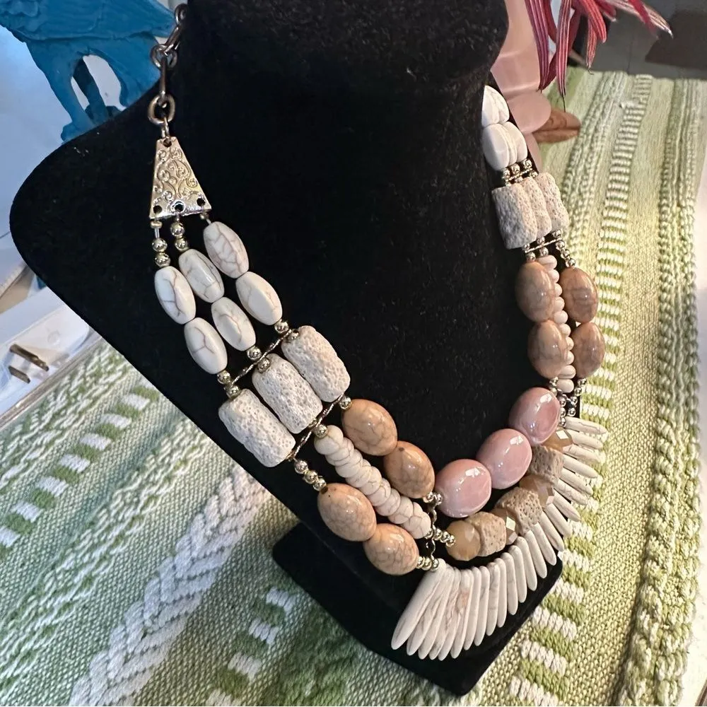 Boho Statement Necklace – Layered Natural Stone Beads & Shell Spikes Pink - Image 4