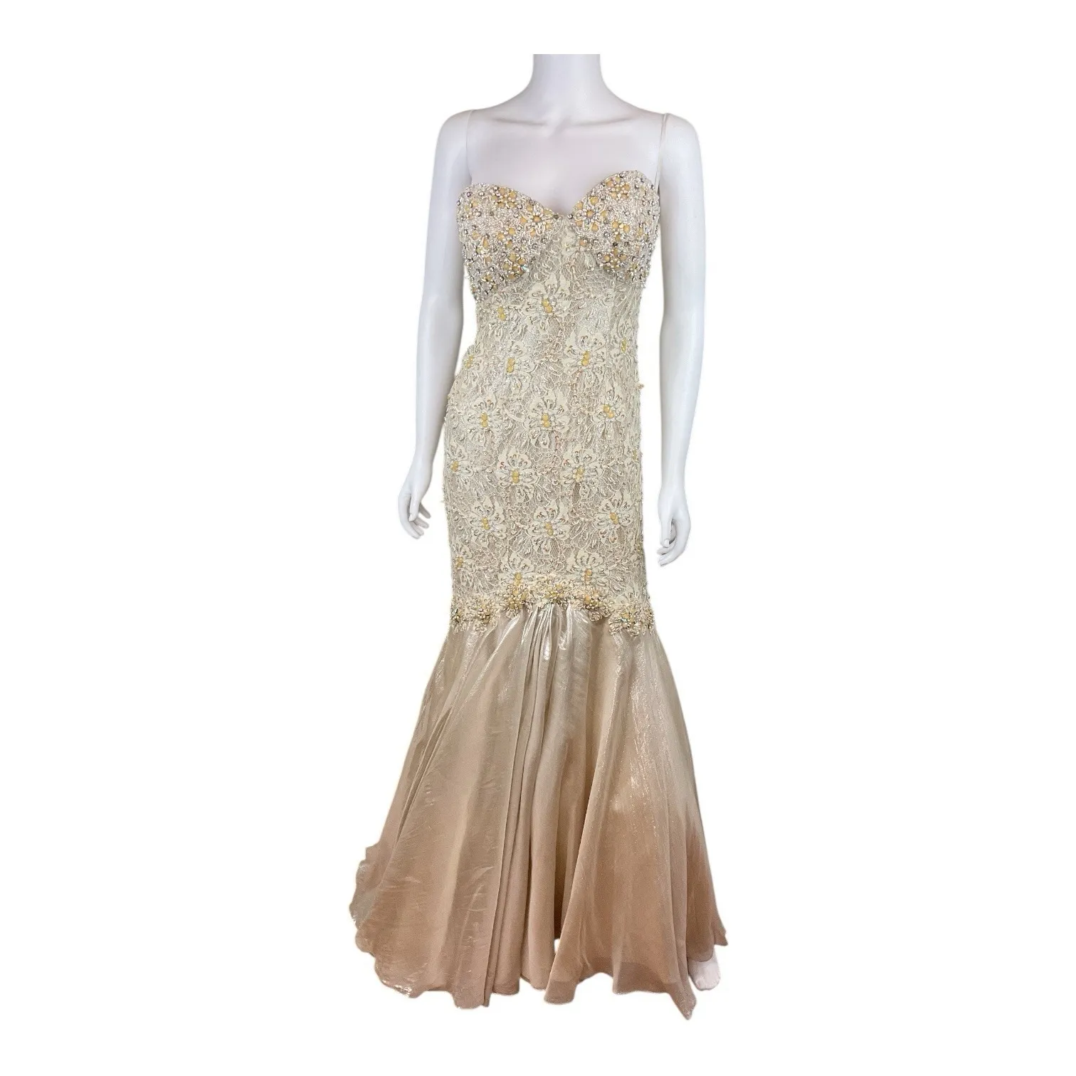 Mac Duggal Couture Beaded Strapless Gown Womens 4 Champagne Lace Mermaid Formal - Image 6