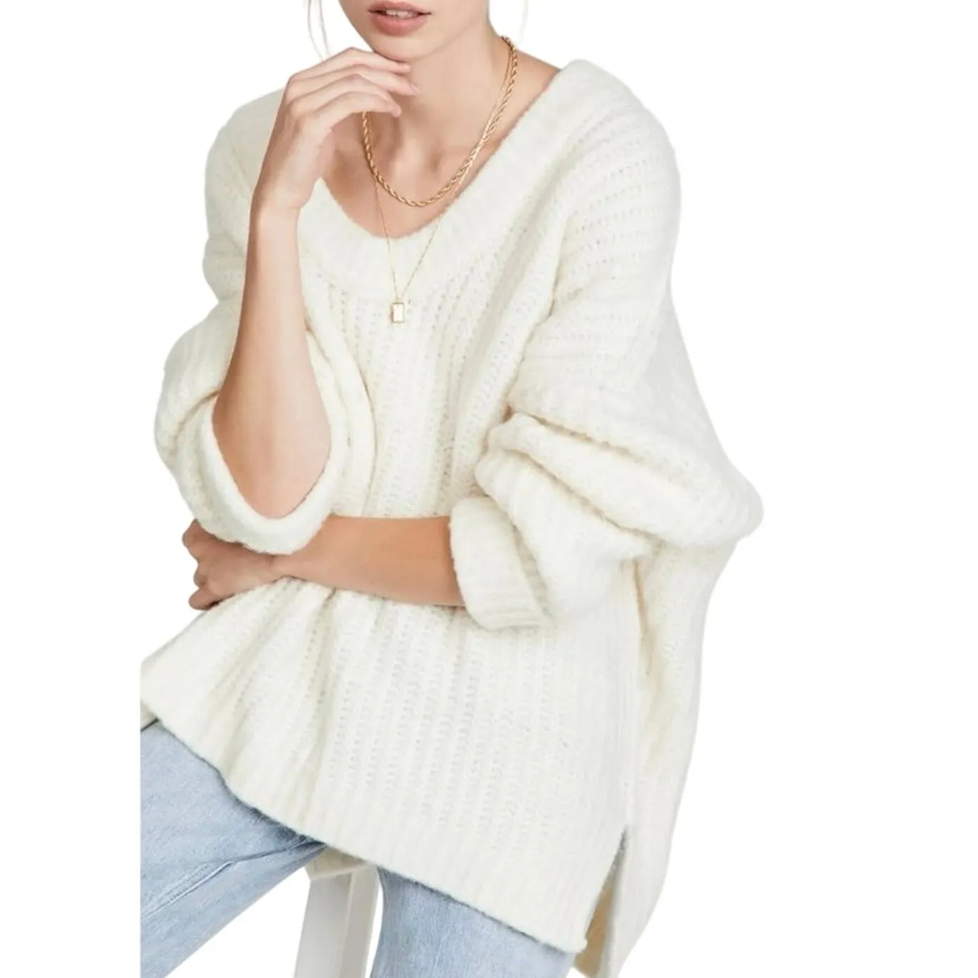 FREE PEOPLE Blue Bell V-Neck Sweater in Ivory, Size XS, New with Tag MSRP $128 - Image 2
