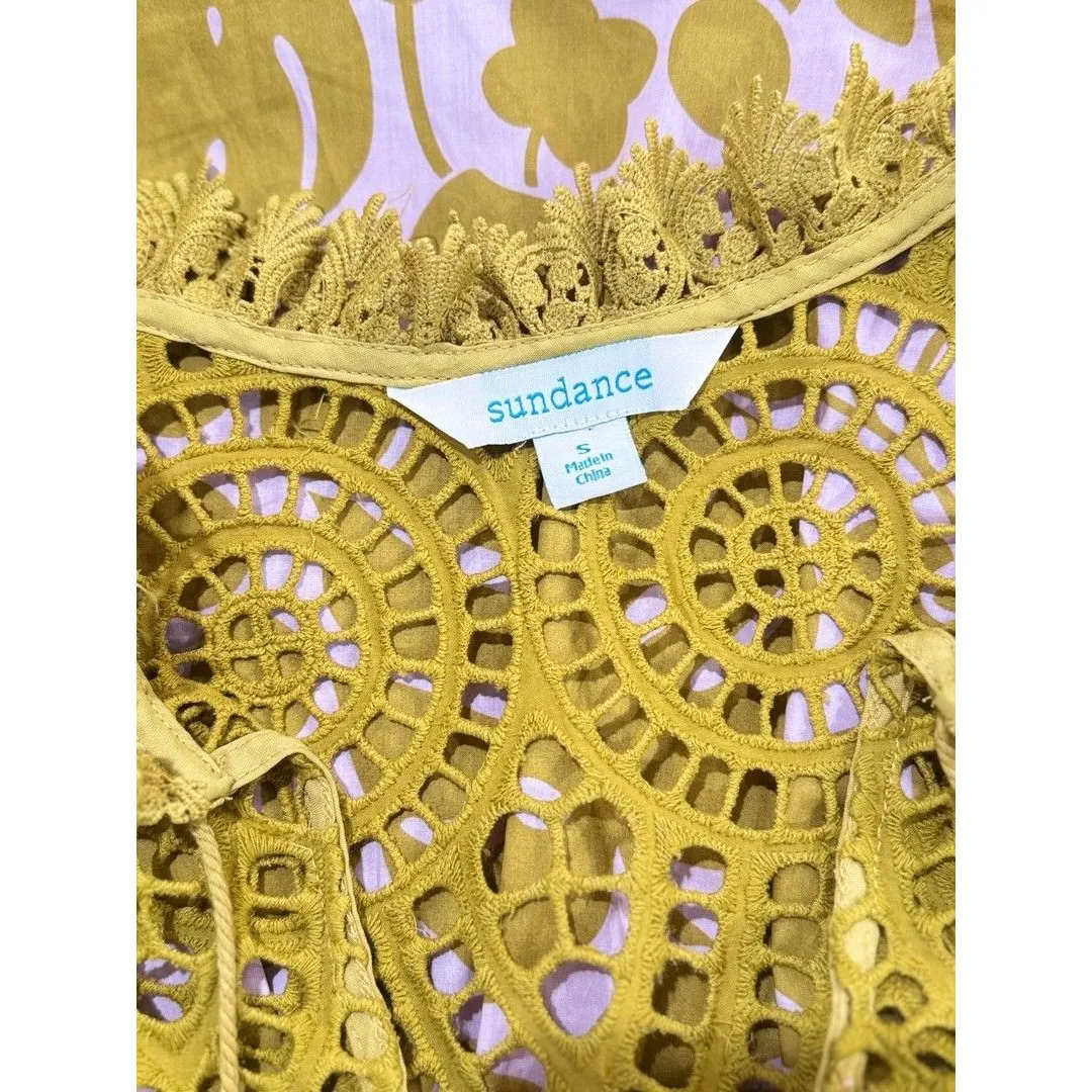 Sundance Womens Top Yellow Harmonia Crochet V Neck Tasseled Blouse Boho Small - Image 4