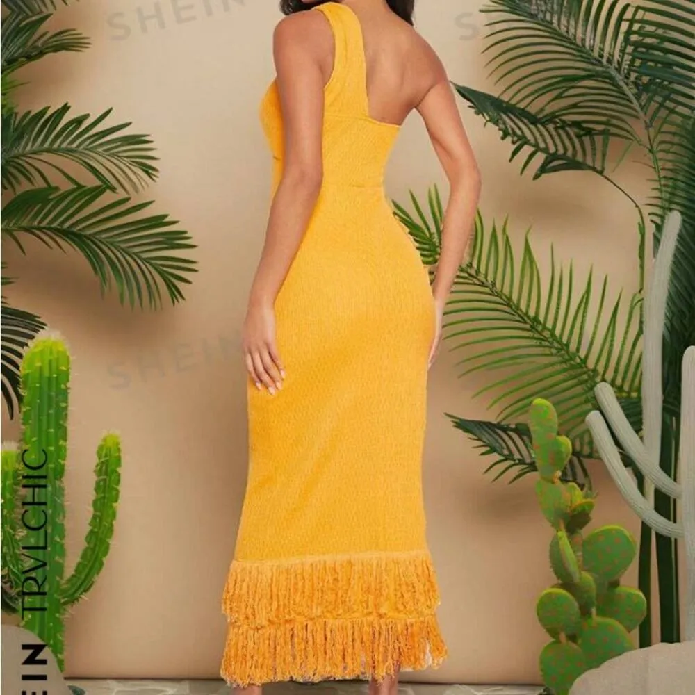 SHEIN Mustard Yellow Fringe Knit Maxi Dress Sz S NWT - Image 10