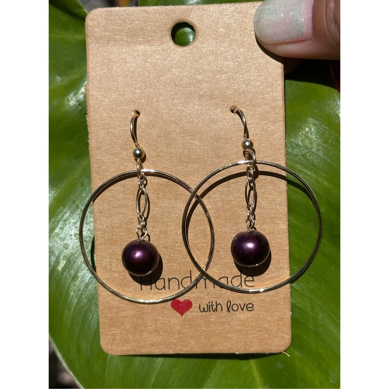 Handcrafted Maui Gold Filled Hammered Circle Earrings Purple Freshwater pearls - Image 2