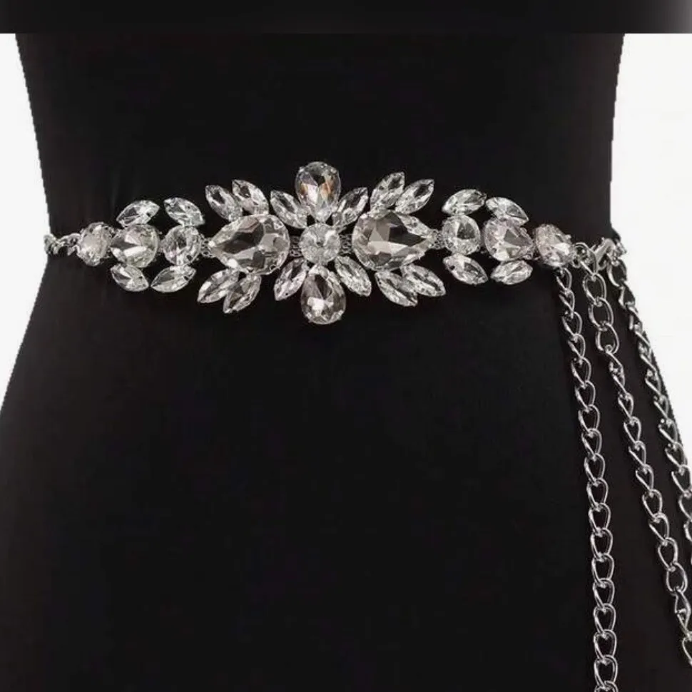 Beautiful silver and rhinestone chain belt Black - Image 3