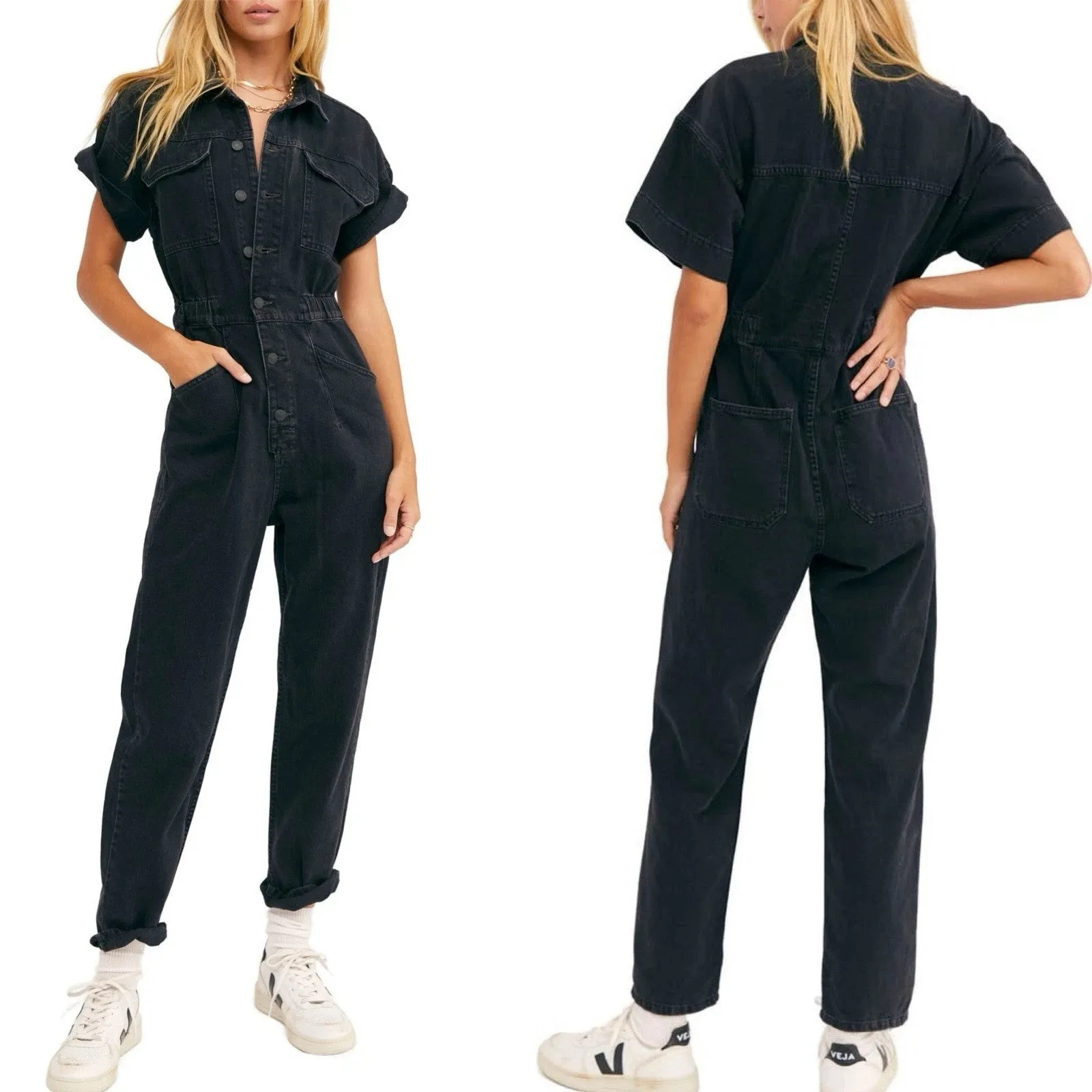 Free People Marci Denim Jumpsuit Iron Washed Black Size XS Utility Coveralls - Image 2