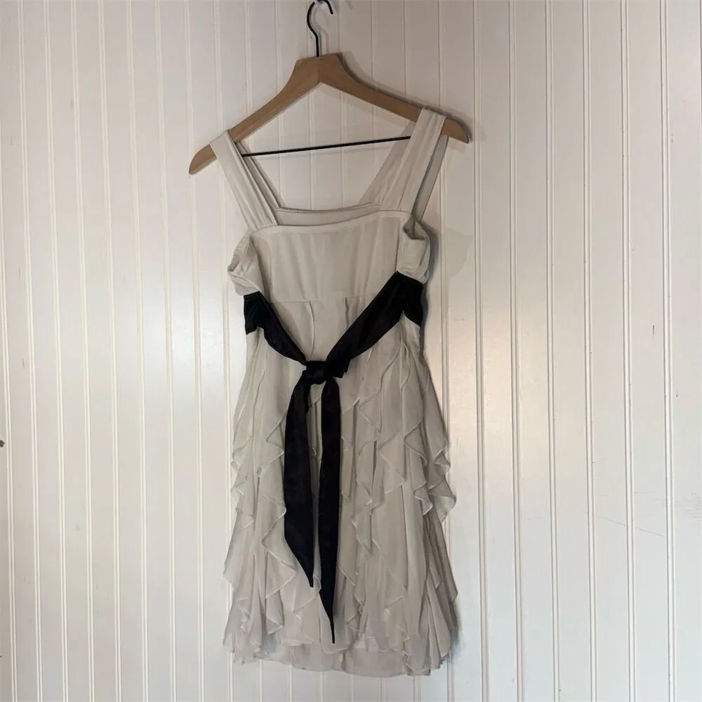 Sequin Hearts White Chiffon Ruffle Mini Dress Black Waist Bow 16 Formal Goth Y2K - Image 2